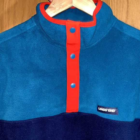 Land's End Men's M Blue Color Block Polar Fleece Quarter Snap Pullover Jacket - Picture 2 of 9